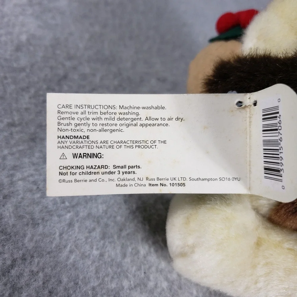 VTG Russ Duke Plush Dog Christmas Gift Holly Berries Red‎ Bow New With Tags